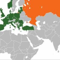 Nato on green, Russia in orange. Graphic: Wikimedia/Patrickneil