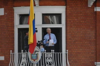 | Julian Assange speaking from balcony of Ecuador embassy in London December 2018 Snapperjack CC BY SA 20 Wikimedia Commons | MR Online