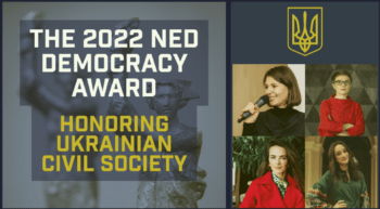 | Directors of NGOs receiving 2022 NED Democracy Award Clockwise from top left Daria Kaleniuk Oleksandra Matviychuk Nataliya Gumenyuk Anna Bondarenko Source twittercom | MR Online