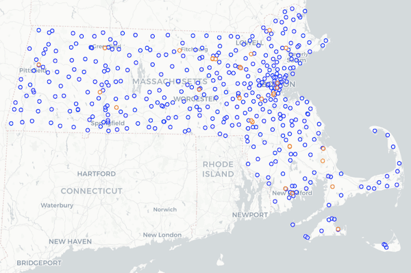 | Map of police stations blue dots and prisons orange dots in Massachusetts | MR Online