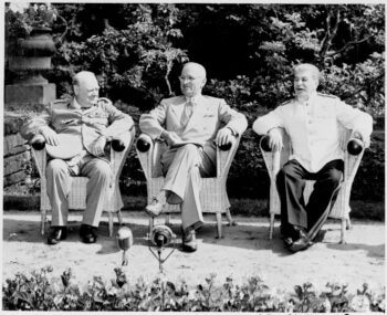 | From left British Prime Minister Winston Churchill US President Harry S Truman and Soviet leader Josef Stalin during the Potsdam Conference 1945 US National Archives and Records Administration Wikimedia Commons | MR Online