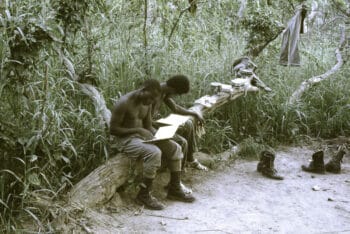 | PAIGC militant combatants use their resting time to learn to read and write putting into practice one of the Party Watchwords to demand from responsible workers of the Party that they devote themselves seriously to study and constantly improve their knowledge their culture their political training and constantly learn 1974 Source Roel Coutinho Guinea Bissau and Senegal Photographs 19731974 | MR Online