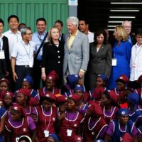 Hillary Clinton, Secretary of State, and former president Bill Clinton at opening of garment factory in Haiti on October 22, 2012 (Photo: Getty Pool)