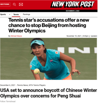 | Tennishead magazine wrote December 6 2021 The USA are reportedly set to announce a diplomatic boycott of the Beijing Olympic Games this week in response to the censorship of Peng Shuai and her sexual assault allegations This boycott was carried out by the United States and its Western coalition of the willing Source Screenshot courtesy of Felix Abt | MR Online