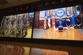 | US Secretary of Defense Lloyd Austin on video teleconference holiday call with soliders deployed to an undisclosed location in the US Central Command area of operations Dec 23 DoD Lisa Ferdinando | MR Online