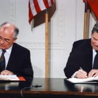 Ronald Reagan and Mikhail Gorbachev signing the INF Treaty in the East Room at the White House in 1987. (Public Domain/Wikimedia Commons)