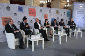 | Ales Bialiatski far right appeared on a panel with NED Founding President Carl Gershman far left at the Forum 2000 Conference in 2014 Source nedorg | MR Online