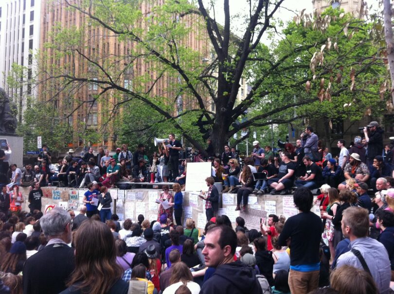 | An image of Occupy Melbournes First General Assembly facing the Facilitation team at the northern end of City Square October 15 2011 | MR Online