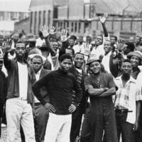 A group of striking textile workers demand an extra R5 per day at the Consolidated Textile Mill in February 1973. Credit: David Hemson Collection, University of Cape Town Libraries.
