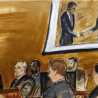 In this courtroom sketch, Genaro García Luna, Mexico’s former Secretary of Public Security, seated lower left, with U.S. Marshals behind him and defense team in foreground, attends trial in Brooklyn. On the screen is a photo of García Luna shaking hands with former U.S. President Barack Obama. [Source: kstp.com]