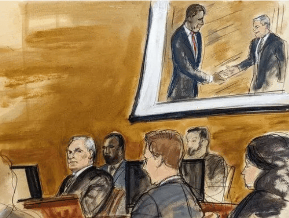 | In this courtroom sketch Genaro García Luna Mexicos former Secretary of Public Security seated lower left with US Marshals behind him and defense team in foreground attends trial in Brooklyn On the screen is a photo of García Luna shaking hands with former US President Barack Obama Source kstpcom | MR Online