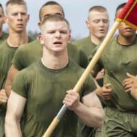 U.S. Marines with Delta Company, 1st Recruit Training Battalion, conduct a motivational run at Marine Corps Recruit Depot San Diego, Feb. 23, 2023. (U.S. Marine Corps photo by Cpl. Julian Elliott-Drouin)