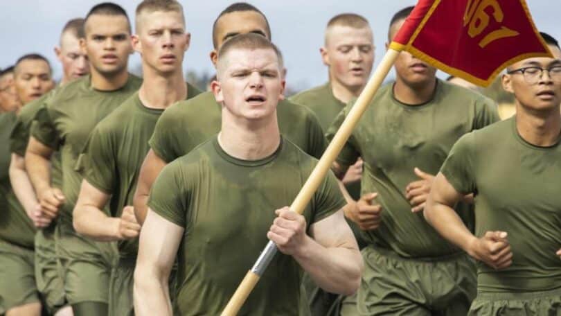 | US Marines with Delta Company 1st Recruit Training Battalion conduct a motivational run at Marine Corps Recruit Depot San Diego Feb 23 2023 US Marine Corps photo by Cpl Julian Elliott Drouin | MR Online