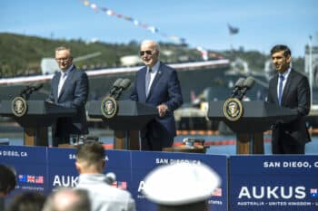 | Australian Prime Minister Anthony Albanese US President Joe Biden and British Prime Minister Rishi Surnak at a press event for AUKUS in San Diego March 13 2023 DoD photo by Chad J McNeeley | MR Online