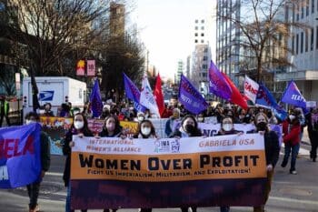 | Demands to meet womens needs over corporate profit were amplified throughout the March 4 mobilization credit Hannah Ballesteros | MR Online