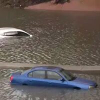 Submerged cars on Interstate 5 in the San Fernando Valley, Los Angeles County, Feb. 25.