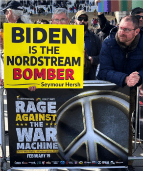 | Sign condemning the Biden administrations role in blowing up the Nord Stream II pipeline which has helped benefit US liquefied natural gas suppliers Source Photo courtesy of Jeremy Kuzmarov | MR Online