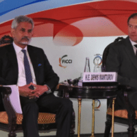 External Affairs Minister S. Jaishankar (L) and Russian Deputy Prime Minister Denis Manturov at a Russian-Indian business forum organised jointly by the Ministry of External Affairs & Federation of Indian Chamber of Commerce & Industry, New Delhi, April 17, 2023