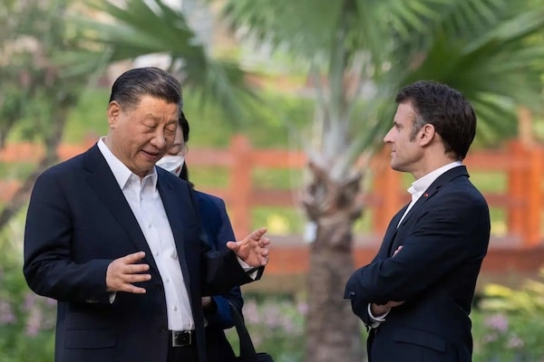| Chinese President Xi Jinping left and French President Emmanuel Macron right during their meeting in Beijing China April 6 2023 Photo CGTN | MR Online