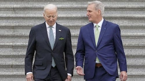 | President Joe Biden and House Speaker Kevin McCarthy of California walk down the House steps Friday March 17 2023 on Capitol Hill in Washington AP PhotoMariam Zuhaib | MR Online