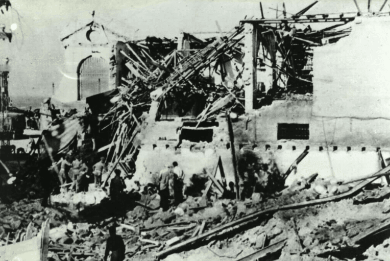 | A TRUCK LOADED WITH EXPLOSIVES COVERED WITH ORANGES PARKED OUTSIDE THE ENTRANCE OF JAFFA S GRAND SERAI WAS DETONATED BY MEMBERS OF THE LEHI STERN GANG DESTROYING THE BUILDING AND KILLING 26 PALESTINIAN MARTYRS JANUARY 4 1948 PHOTO INSTITUTE FOR PALESTINE STUDIES INTERACTIVE ENCYCLOPEDIA OF THE PALESTINE QUESTION | MR Online