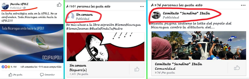 | Paid for Facebook posts indicated by the marking Publicidad giving the impression that various solidarity groups supported the coup in days following April 18 2018 Once reposted the marking disappears | MR Online