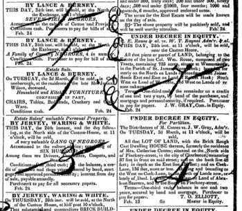 | The ad see bottom left of screenshot that Davila found was buried in the middle of a sea of classifieds in the Charleston Courier on Feb 24 1835 The handwritten marks on preserved copies of old newspapers were made by typesetters or printers at the time for their records Credit NewsBankReadex | MR Online