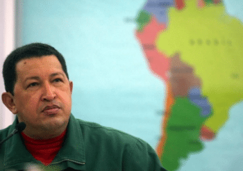 | Chávez in front of a map of Latin America Instituto Simón Bolívar | MR Online