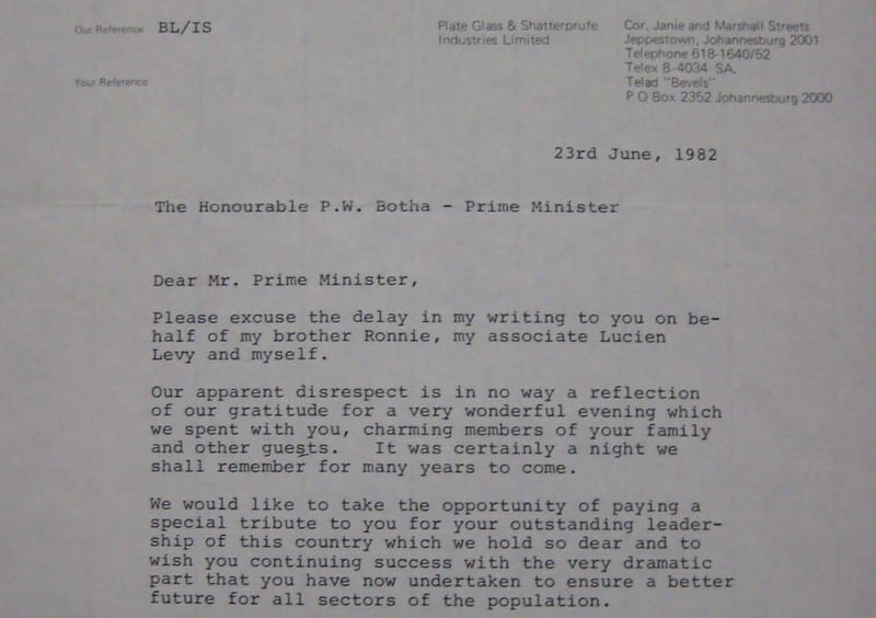 | The letter from the Lubners to South African apartheid leader P W Botha See below for the full document | MR Online