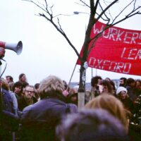 E P Thompson addresses anti-nuclear weapons rally, Oxford, England, 1980