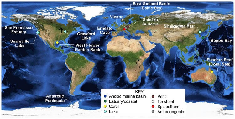 |  Lista curta 12 locais foram considerados como possíveis Golden Spikes para definir o início da época do Antropoceno Revisão do Antropoceno Fevereiro de 2023 |  RM Online