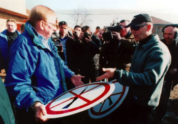 | William Walker left head of the Kosovo Verification Mission visits the OSCE office in Malisevo and inspects a firearms sign in January 1999 Source osceorg | MR Online