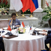Indonesia’s Foreign Minister Retno Marsudi (C) with Director of Foreign Affairs Commission of Communist Party of China Central Committee Wang Yi (L) and Russia’s Foreign Minister Sergey Lavrov (R) at trilateral meeting, Jakarta, July 12, 2023