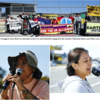 July 30 protest outside the Enoggera Army Base in Australia as the U.S. and Australia engaged in the massive Talisman Sabre anti-China war games. (Photo: Alex Bainbridge) / Nim Flores from Guayan (Guam) / Shinako Oyakama speaking