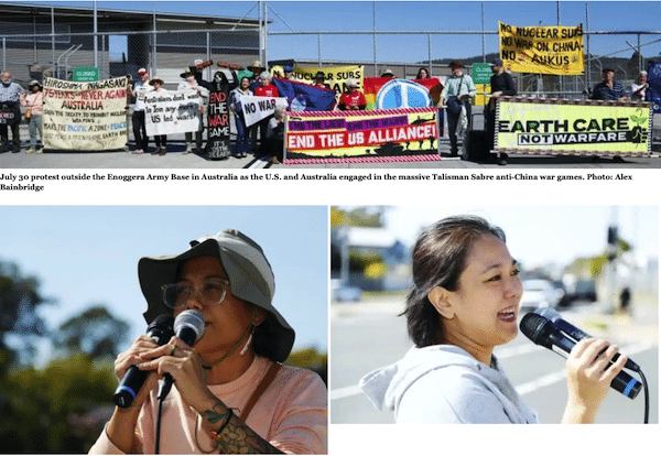| July 30 protest outside the Enoggera Army Base in Australia as the US and Australia engaged in the massive Talisman Sabre anti China war games Photo Alex Bainbridge Nim Flores from Guayan Guam Shinako Oyakama speaking | MR Online