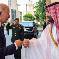 US President Joe Biden fist bumps Saudi Crown Prince Mohammed bin Salman (MBS) in Riyadh in July 2022
