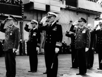| Chiang Kai shek left and US Navy officials salute the US carrier Bonhomme Richard off Northern Taiwan on Nov 11 1957 Photo | US Navy | MR Online