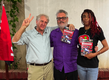 | Dan Kovalik with raffle winners at book launch in Managua on July 17 2023 Source Photo Courtesy of Lauren Smith | MR Online