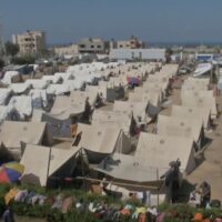 A tent city in Khan Younis, Gaza for Palestinians forced to flee the northern areas of the besieged strip
