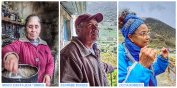 | María Cantalicia Torres is a producer and communal teacher in Gavidia | Bernabé Torres is a stonemason a wood artisan and a producer in Gavidia | Liccia Romero is a university professor and a participant in Gavidias Native Potato Project Voces Urgentes | MR Online