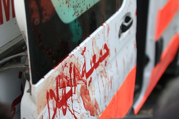 | BLOOD STAINS ON AN AMBULANCE OF THE PALESTINIAN RED CRESCENT FOLLOWING AN ISRAELI AIRSTRIKE AT THE ENTRANCE OF AL SHIFA HOSPITAL IN GAZA CITY NOVEMBER 3 2023 PHOTO SAEED JARASAPA IMAGES | MR Online