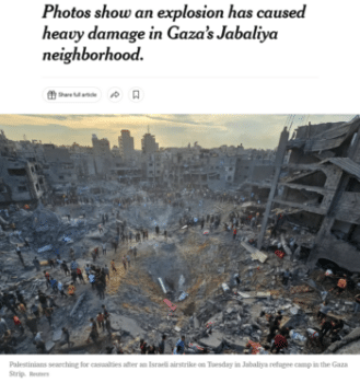 | A New York Times headline 103123 erases both the perpetrators and the victims of an Israeli air attack that killed hundreds of Palestinians | MR Online