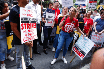 | Sara Nelson president of the Association of Flight Attendants CWA AFLCIO speaks to striking SAG AFTRA workers outside the Discovery offices in New York on August 17 2023 PHOTO BY KENA BETANCURVIEWPRESS VIA GETTY IMAGES | MR Online