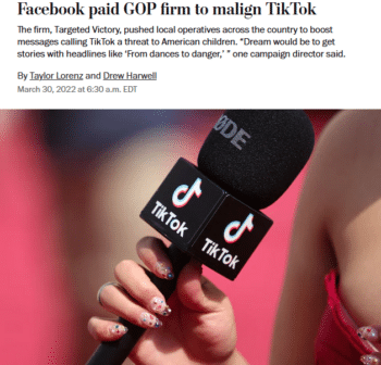 | Facebooks parent company paid a PR firm to promote the view that TikTok is the real threat especially as a foreign owned app that is No 1 in sharing data that young teens are using Washington Post 33022 | MR Online