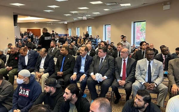 | LOCAL AND STATE OFFICIALS INCLUDING CHICAGO MAYOR BRANDON JOHNSON RIGHT AND ILLINOIS GOVERNOR J B PRITZKER THIRD FROM RIGHT IN ATTENDANCE OF THE JANAZAH PRAYER FOR WADEA AL FAYOUME AT MOSQUE FOUNDATION IN BRIDGEVIEW IL OCTOBER 16 2023 | MR Online