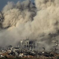 Smoke rises as a result of Israeli occupation army bombardment of the northern Gaza Strip on 15 November, 2023 AFP)