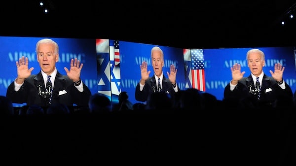 | Joe Biden projected on screens gestures as he addresses the American Israeli Public Affairs Committee AIPAC 2013 Policy Conference March 4 2013 at the Walter E Washington Convention Center in Washington Susan Walsh | AP | MR Online