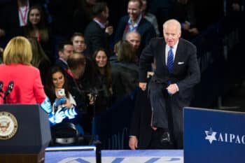 | Biden runs up a set of stairs to address the 2016 American Israel Public Affairs Committee AIPAC Conference in Washington Cliff Owen | AP | MR Online