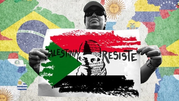 | Photo composition showing a protester holding a banner that reads Palestine resist on a Palestinian flag with a background of Latin American flags Photo The New Arab | MR Online