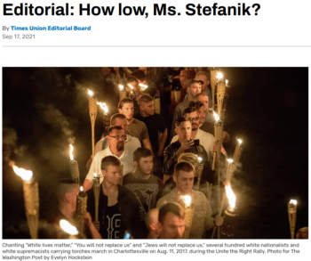 | The Albany Times Union 91721 accused Stefanik of stoking racial ethnic and religious tribalism among voters by adopting the grievance of the Charlottesville marchers who chanted Jews will not replace us | MR Online